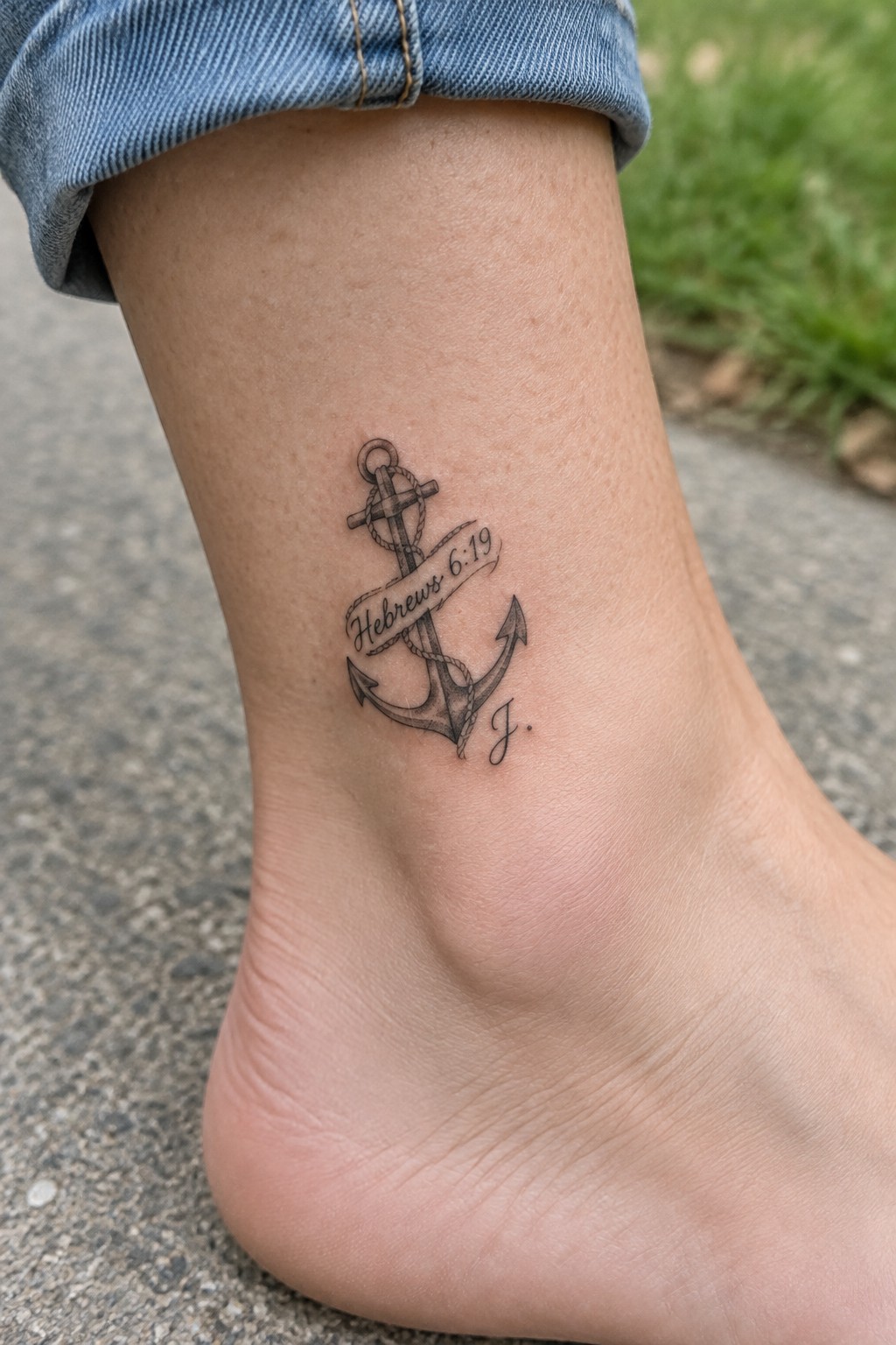 Black and grey anchor tattoo on the ankle with Hebrews 6:19 on a banner and a small J initial beside it.