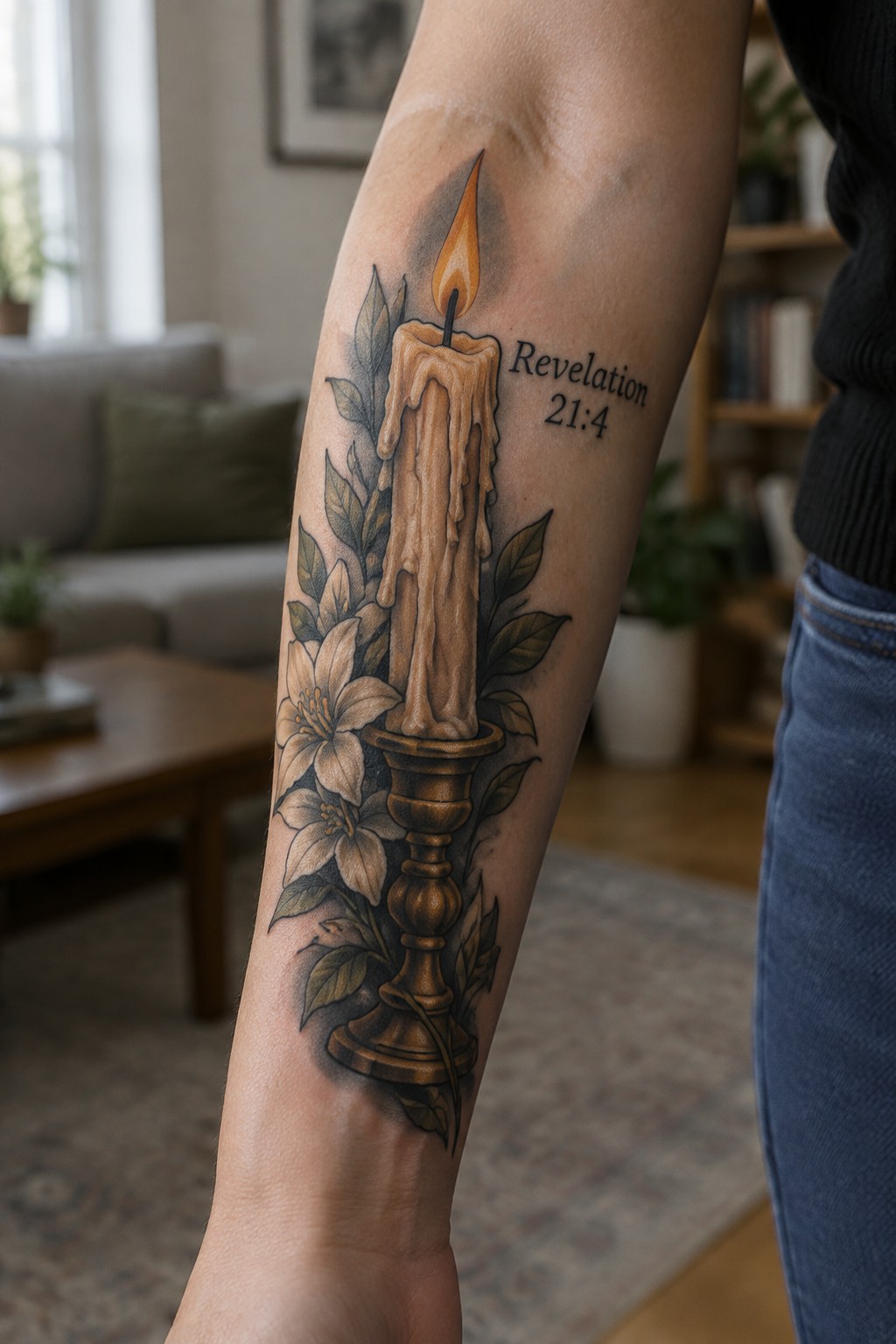 Tattooed forearm with lit dripping candle, flowers, and Revelation 21:4 text