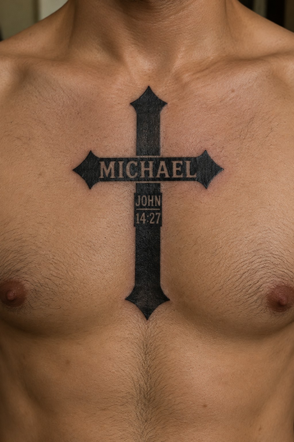 Black cross tattoo centered on a man's chest with the name Michael across the horizontal bar and the reference John 14:27 on the vertical stem.