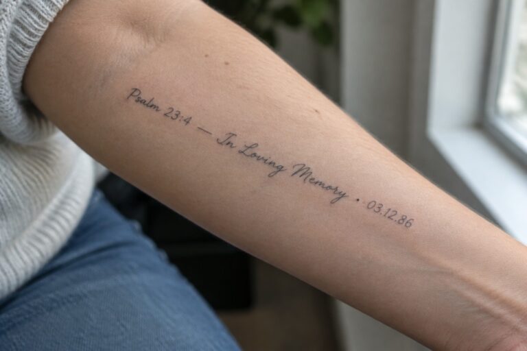19 Biblical Memorial Tattoos Built Around Scripture and Remembrance Forearm tattoo in black cursive: Psalm 23:4 — In Loving Memory • 03.12.86 on light skin
