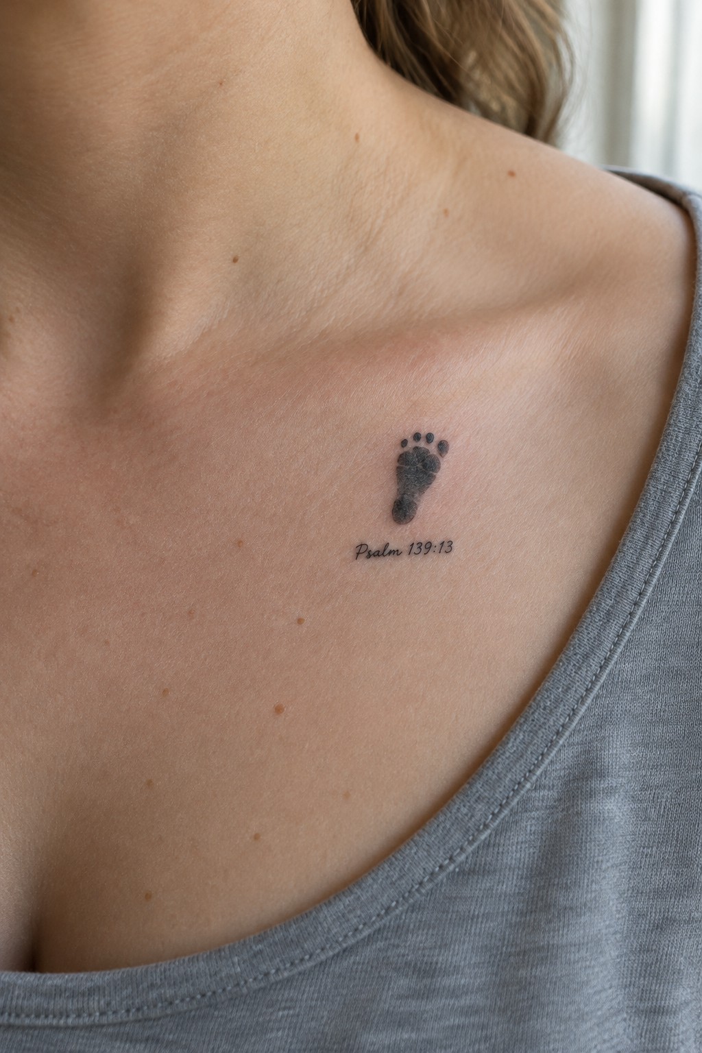 Baby footprint tattoo with Psalm 139:13 text on shoulder above grey shirt
