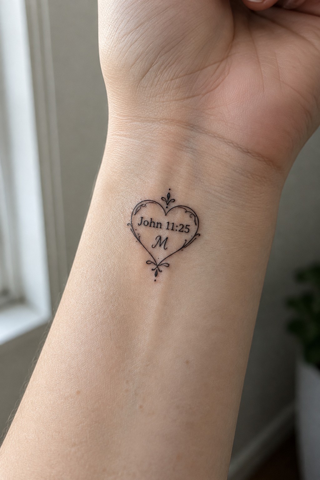 Black heart tattoo on wrist with