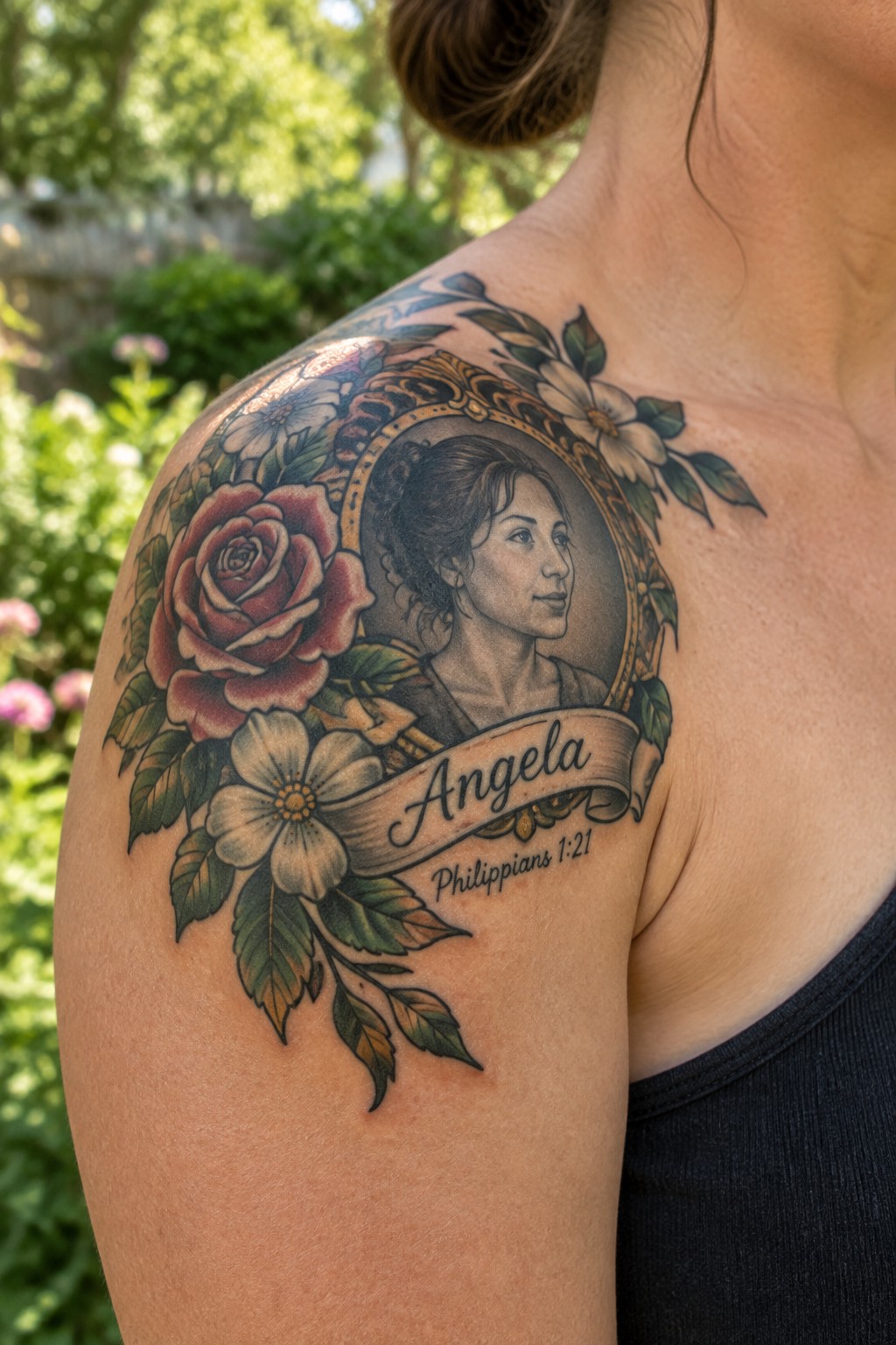 Shoulder tattoo with woman's portrait in ornate frame, red rose, flowers, and Angela banner.