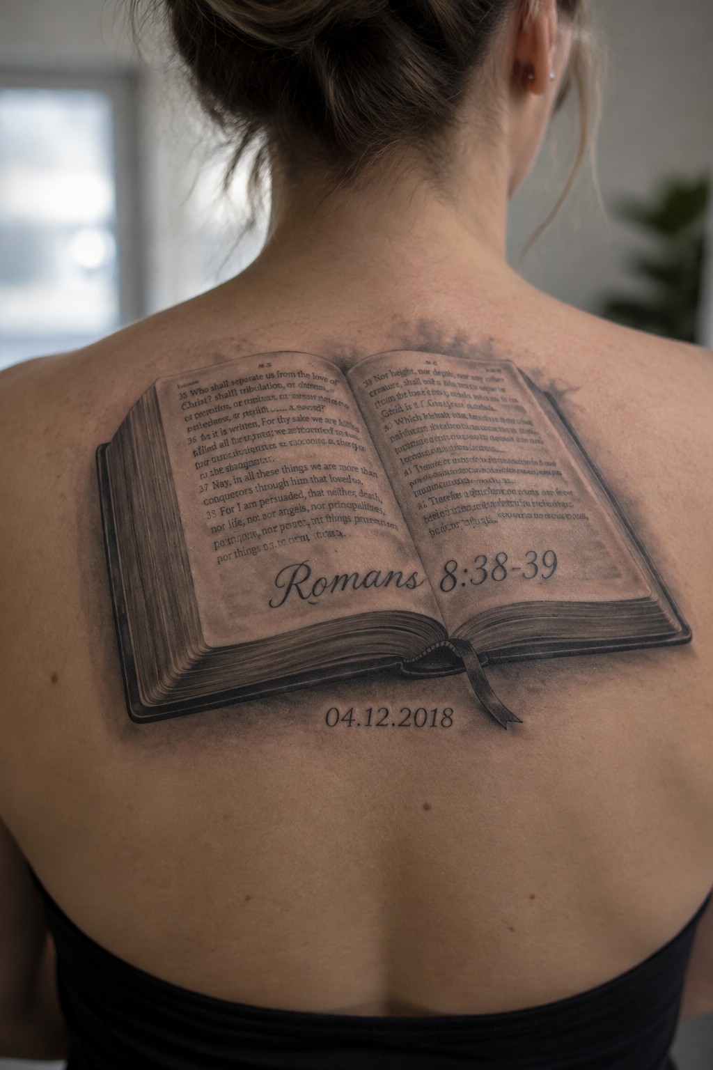 Woman's back with open book tattoo of Romans 8:38-39 and date 04.12.2018