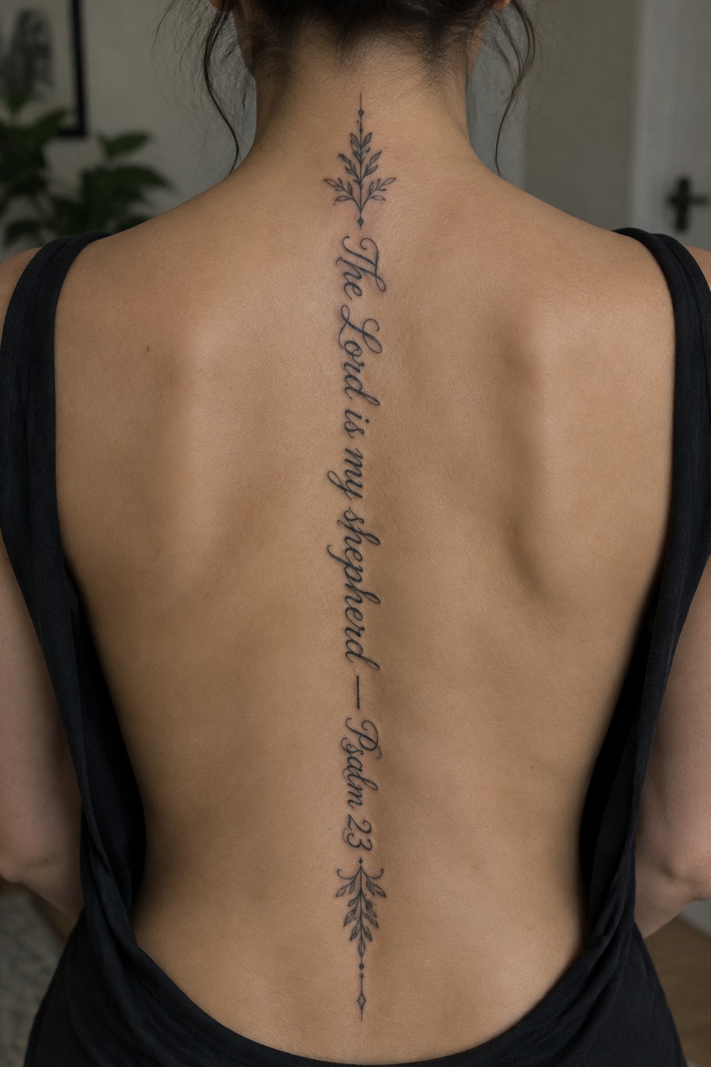 Woman's back in black tank top with vertical Psalm 23 spine tattoo and vines