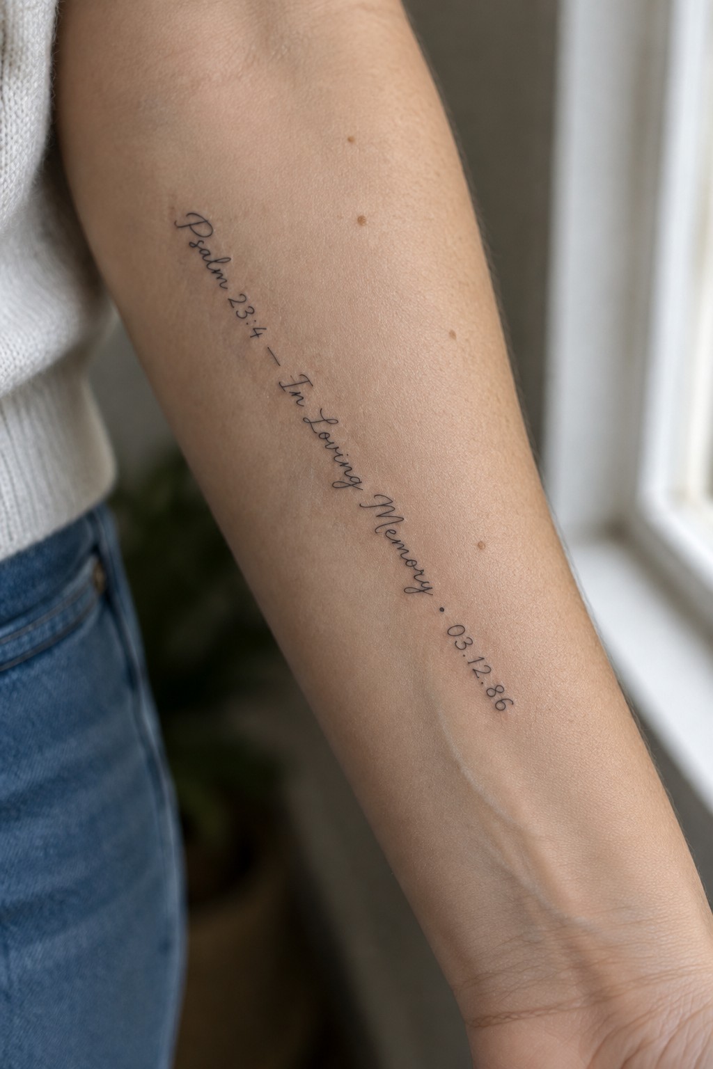 Forearm tattoo in black cursive: Psalm 23:4 — In Loving Memory • 03.12.86 on light skin