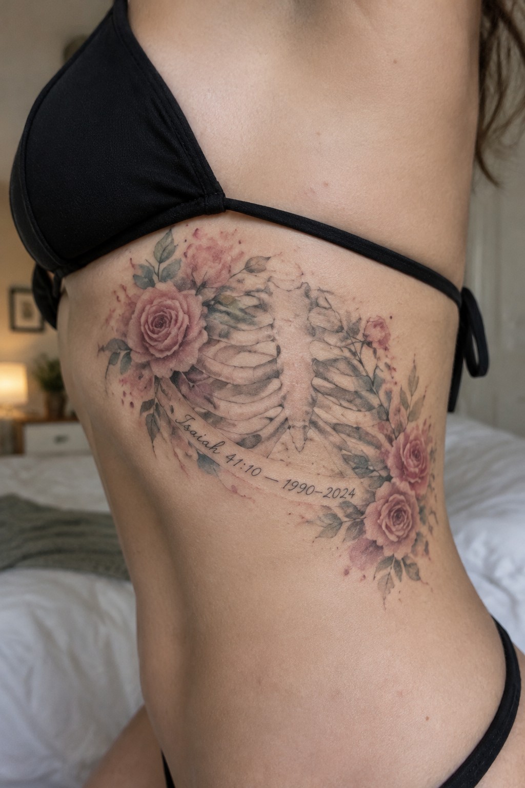 Torso in black bikini with watercolor ribcage tattoo, pink roses, and dates 1990-2024