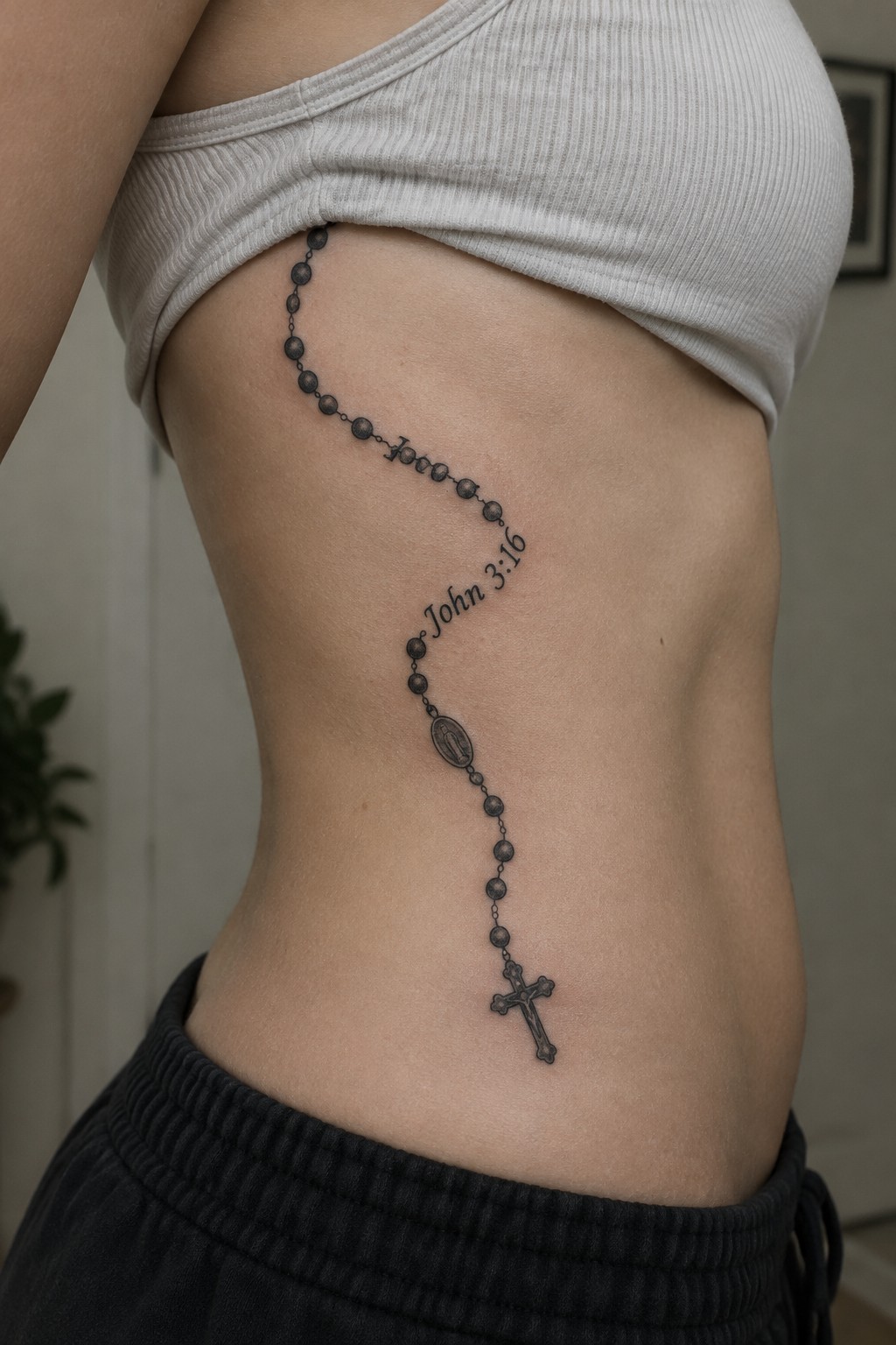 Black and grey rosary tattoo with beads, cross, medallion, and John 3:16 text curving down the side of a torso