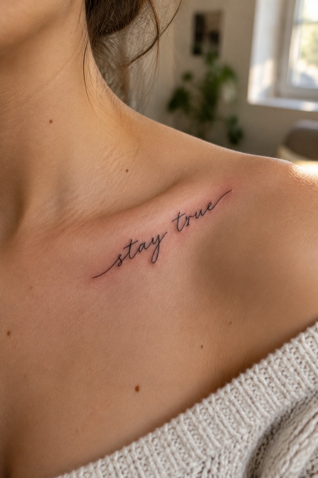 Small black cursive “stay true” tattoo placed diagonally along a woman’s collarbone.