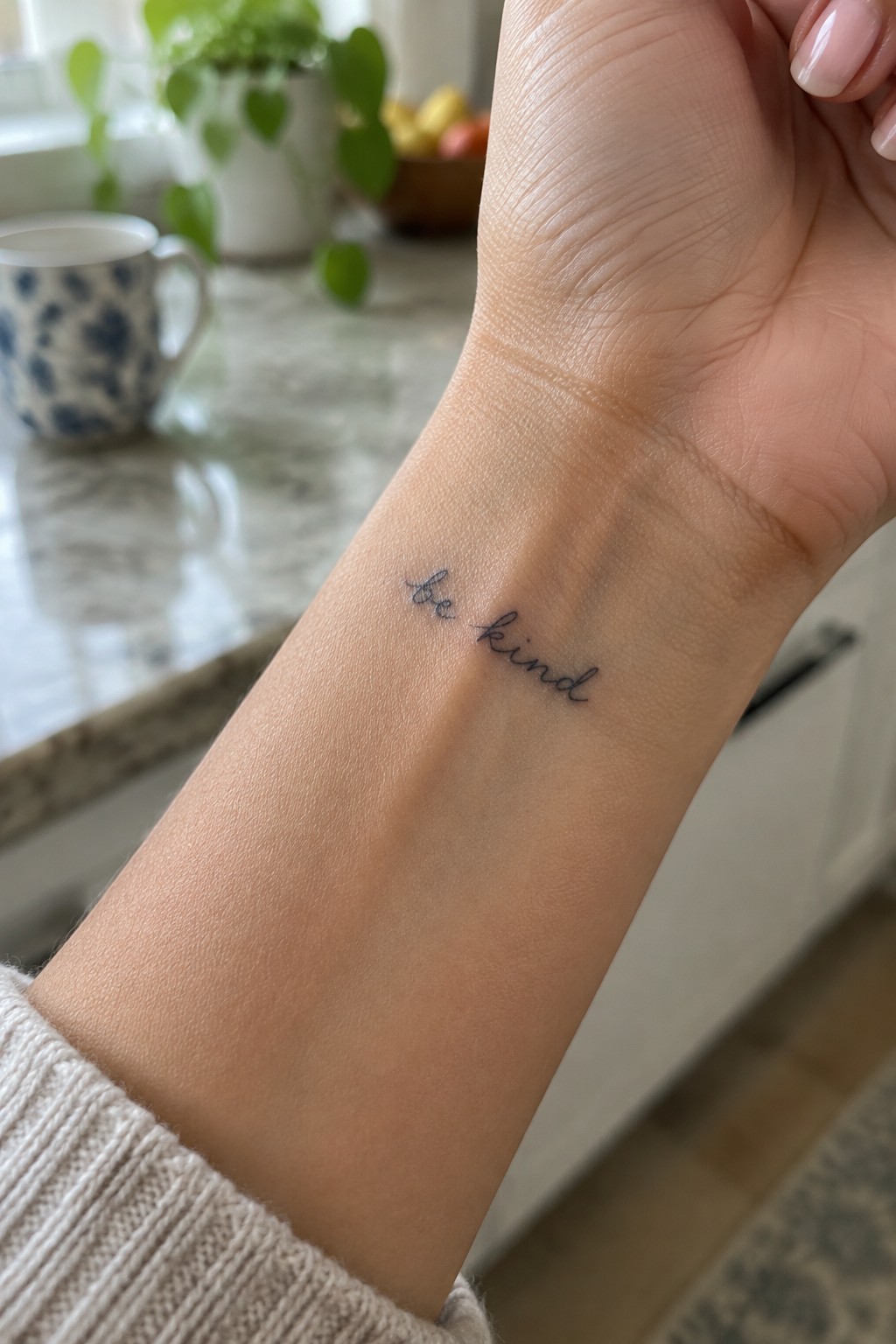Small fine-line “be kind” script tattoo on the inner wrist.