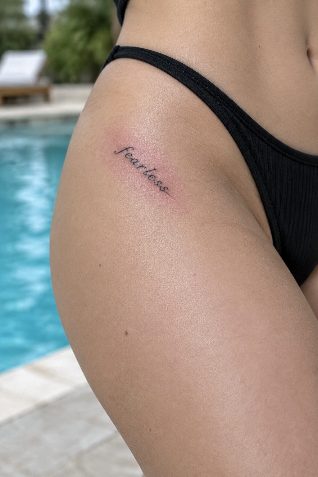 Small fine-line “fearless” script tattoo on the upper outer thigh, just below black swimwear.