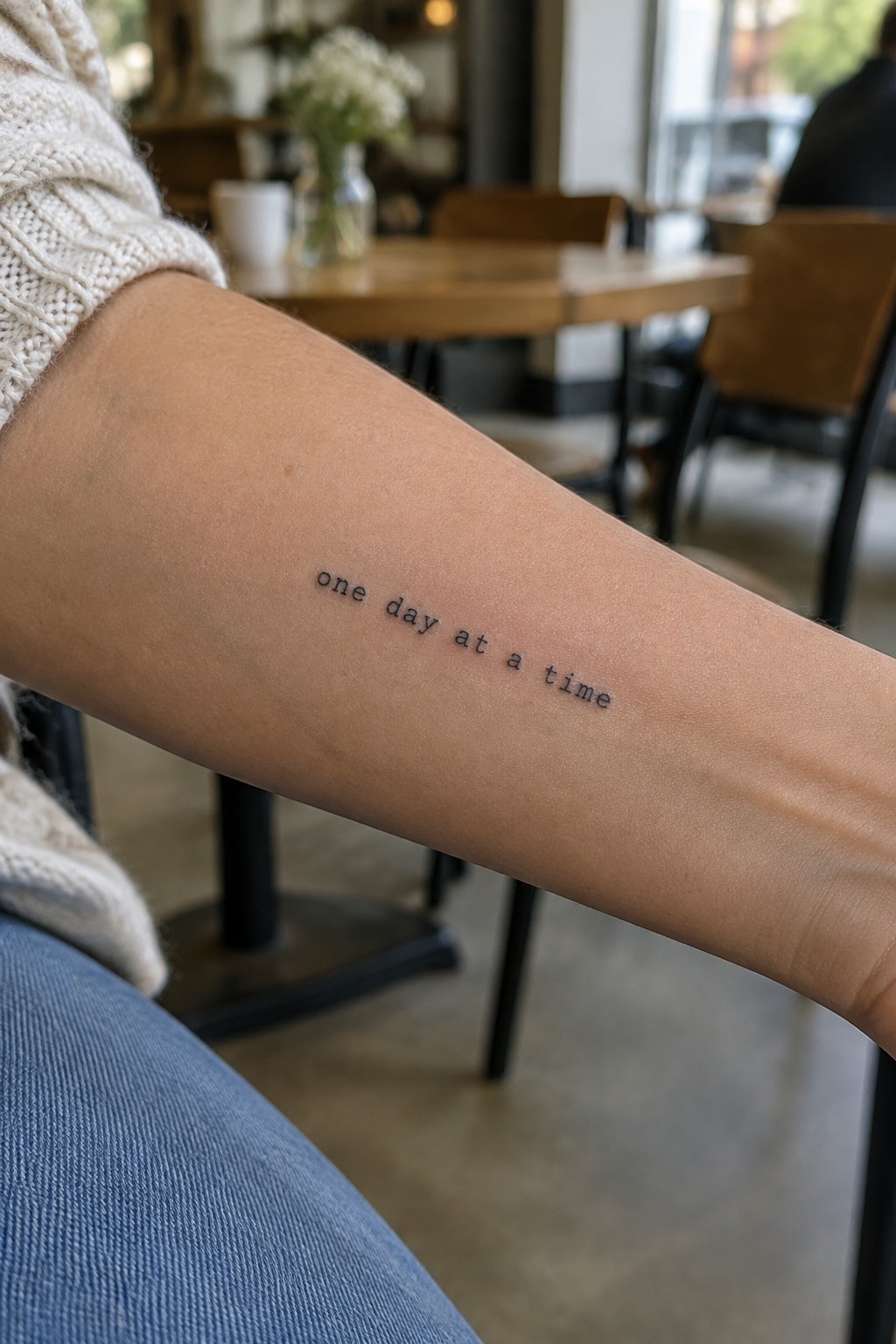 Small typewriter-style “one day at a time” tattoo in black ink on the inner forearm.