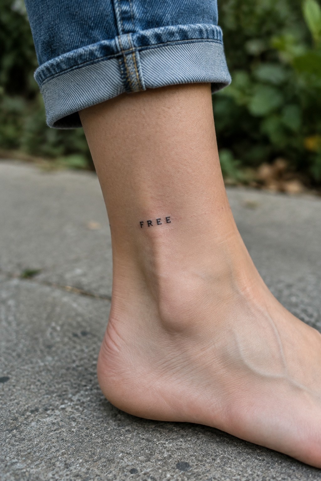 Small black “FREE” tattoo in spaced lettering on the inner ankle above the heel.