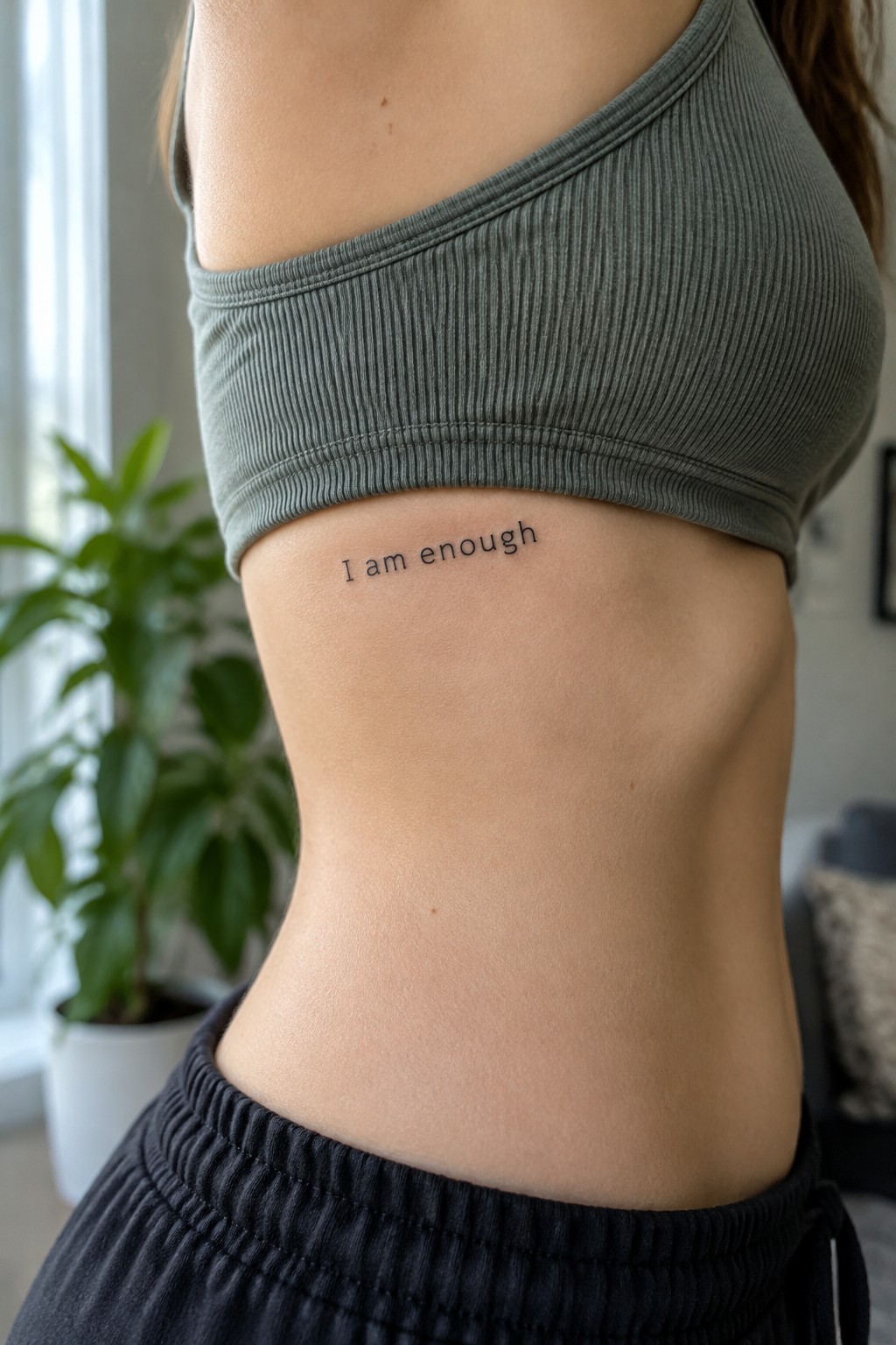 Small black script tattoo reading “I am enough” on the side of a woman’s ribcage, just below a gray ribbed bra.