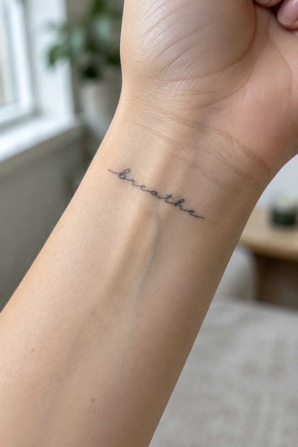 Fine cursive “breathe” tattoo on the inner wrist.