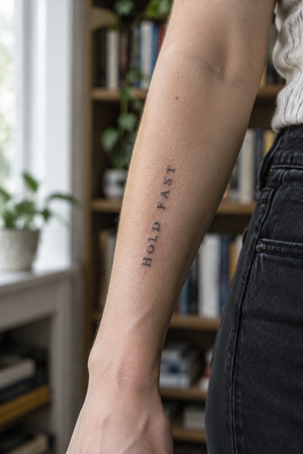Small vertical “hold fast” tattoo in spaced serif letters on the inner forearm.