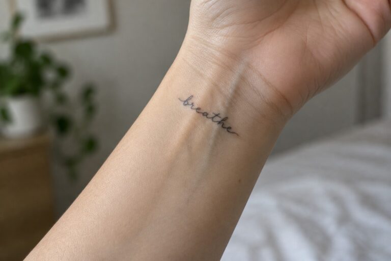 19 Chic Meaningful Quote Tattoos for Minimalist Women Fine cursive “breathe” tattoo on the inner wrist.
