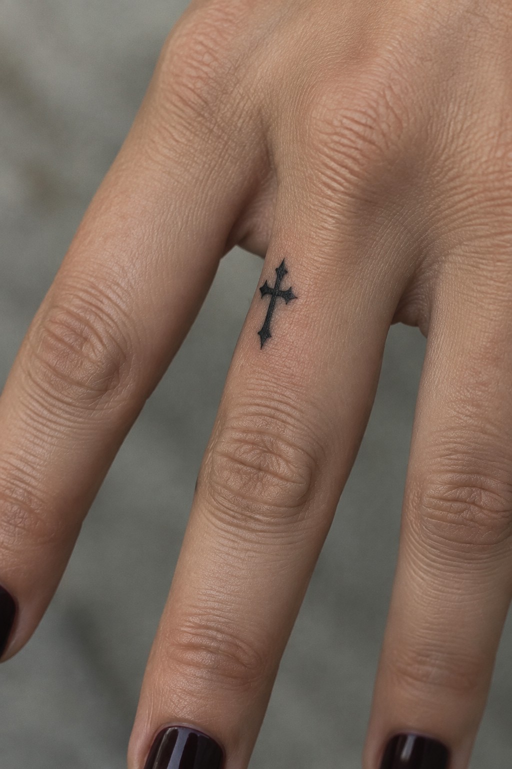 Hand with small black cross tattoo on finger and dark nail polish.