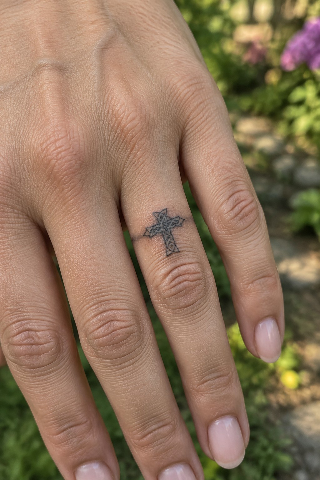 Small Celtic cross tattoo with interlaced knotwork on the side of a finger