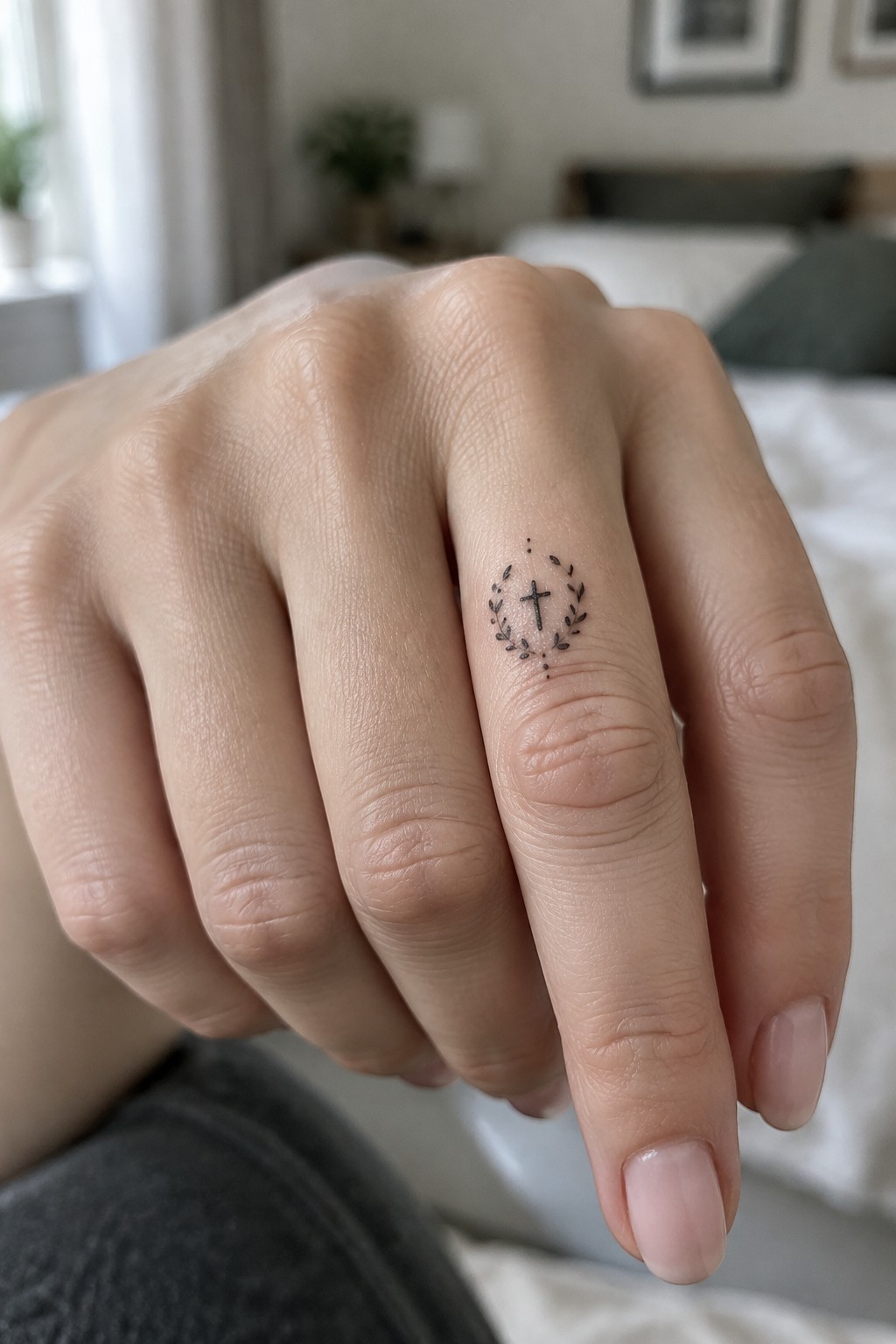 Close-up of hand with small black cross and leaf wreath tattoo on ring finger.