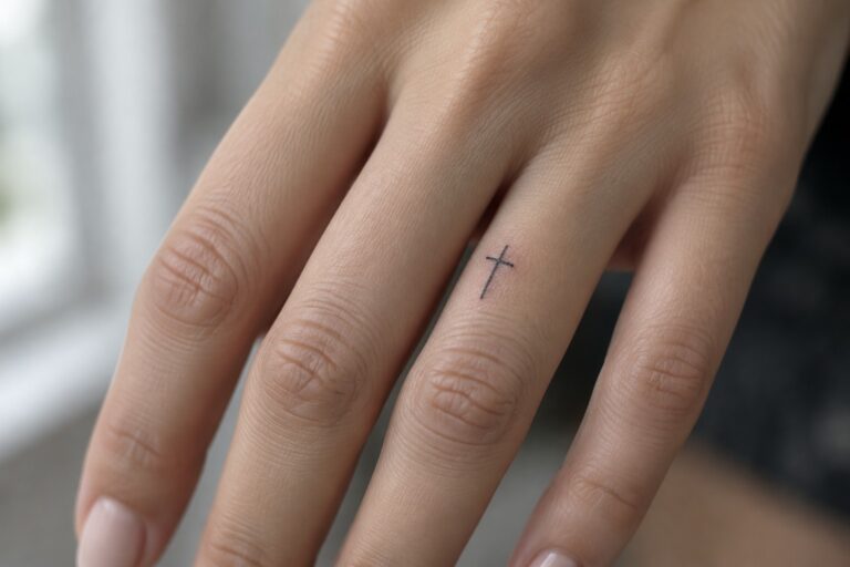 Small black cross tattoo on the side of a finger