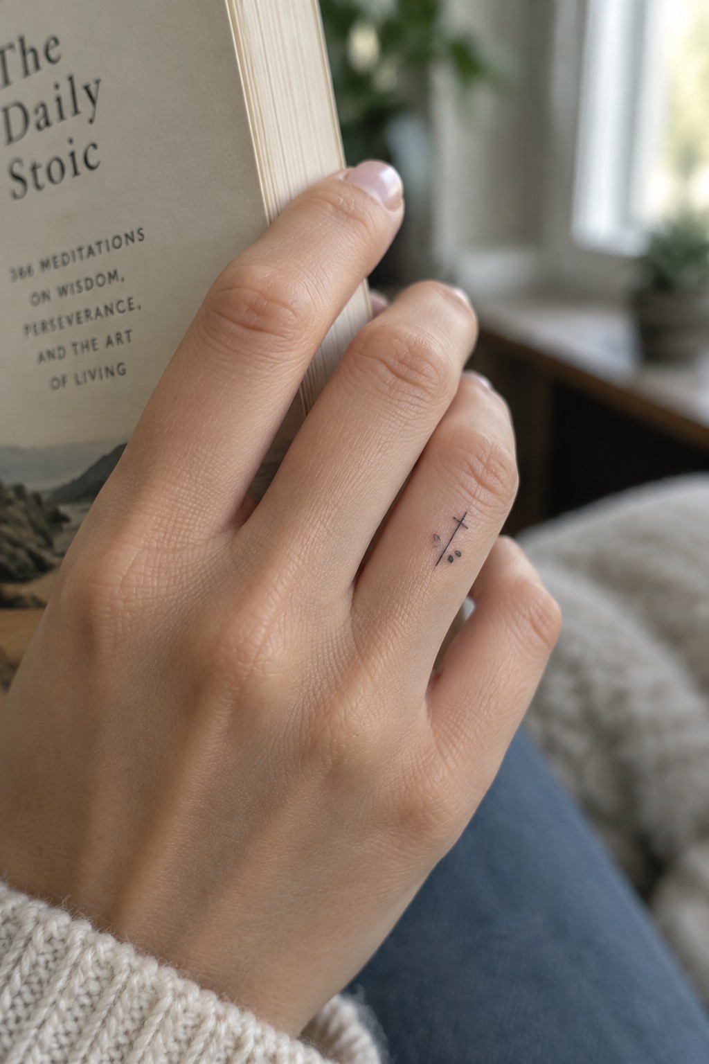 Hand in cream knit sweater holds The Daily Stoic book near cross tattoo
