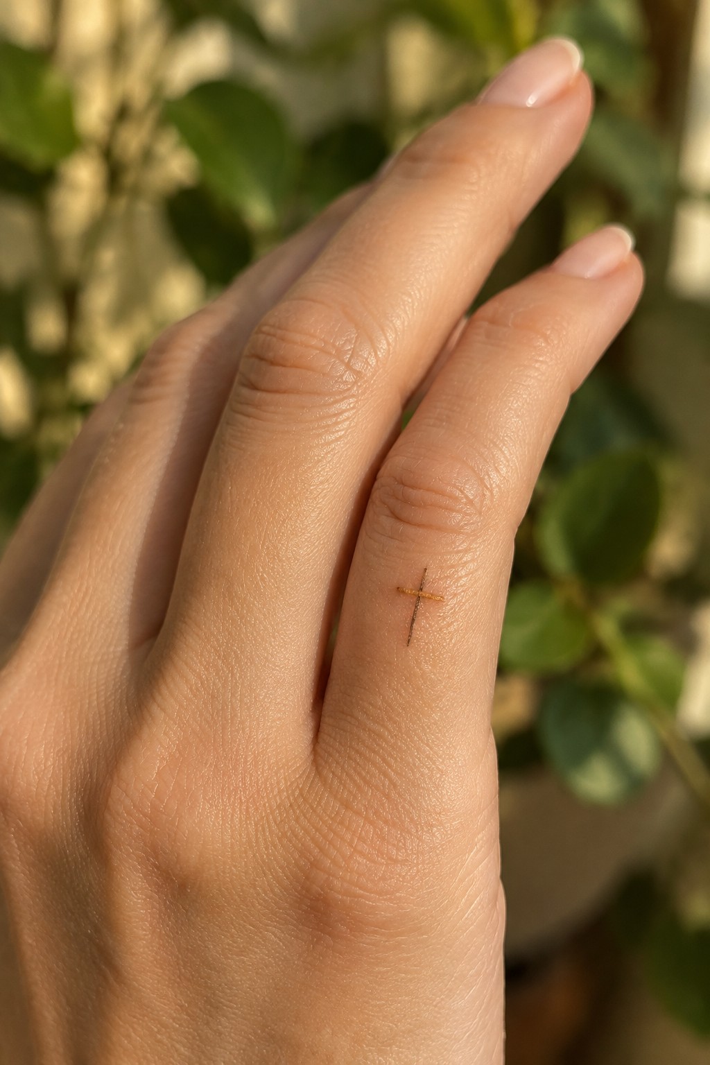 Hand with small cross tattoo on ring finger, natural light, blurred greenery