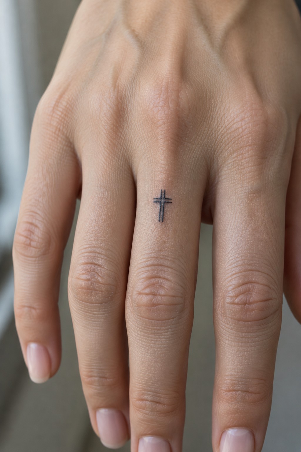 Light-skinned hand with small black cross tattoo on middle finger knuckle.