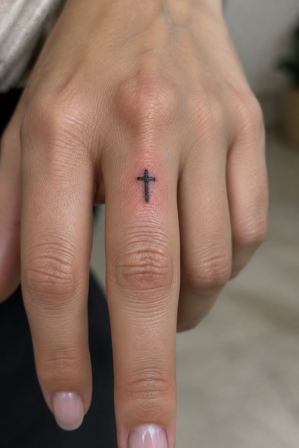 Light-skinned hand with small black cross tattoo on middle finger and pink nails.