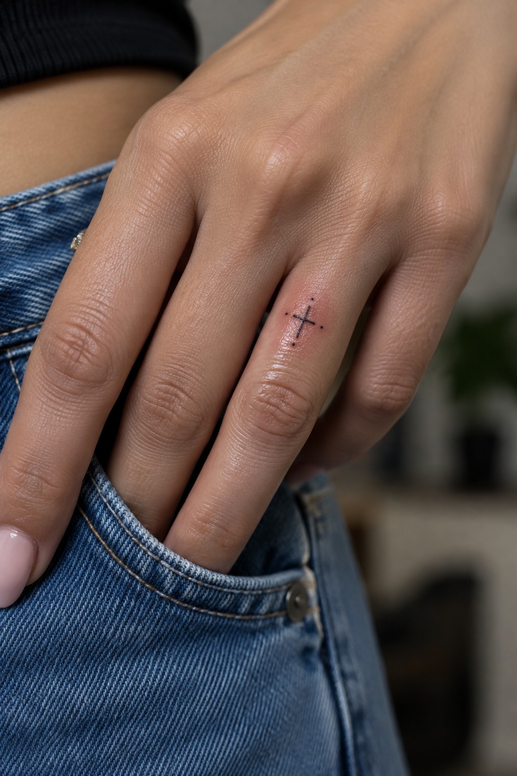 Hand with tiny cross tattoo on ring finger resting on blue denim jeans