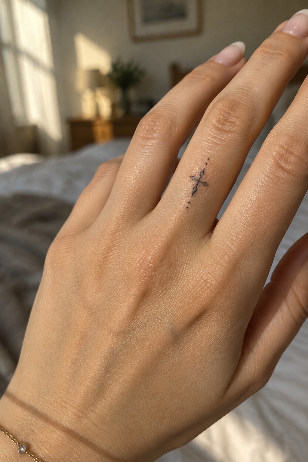 Hand with small cross tattoo on ring finger and gold bracelet in sunlight