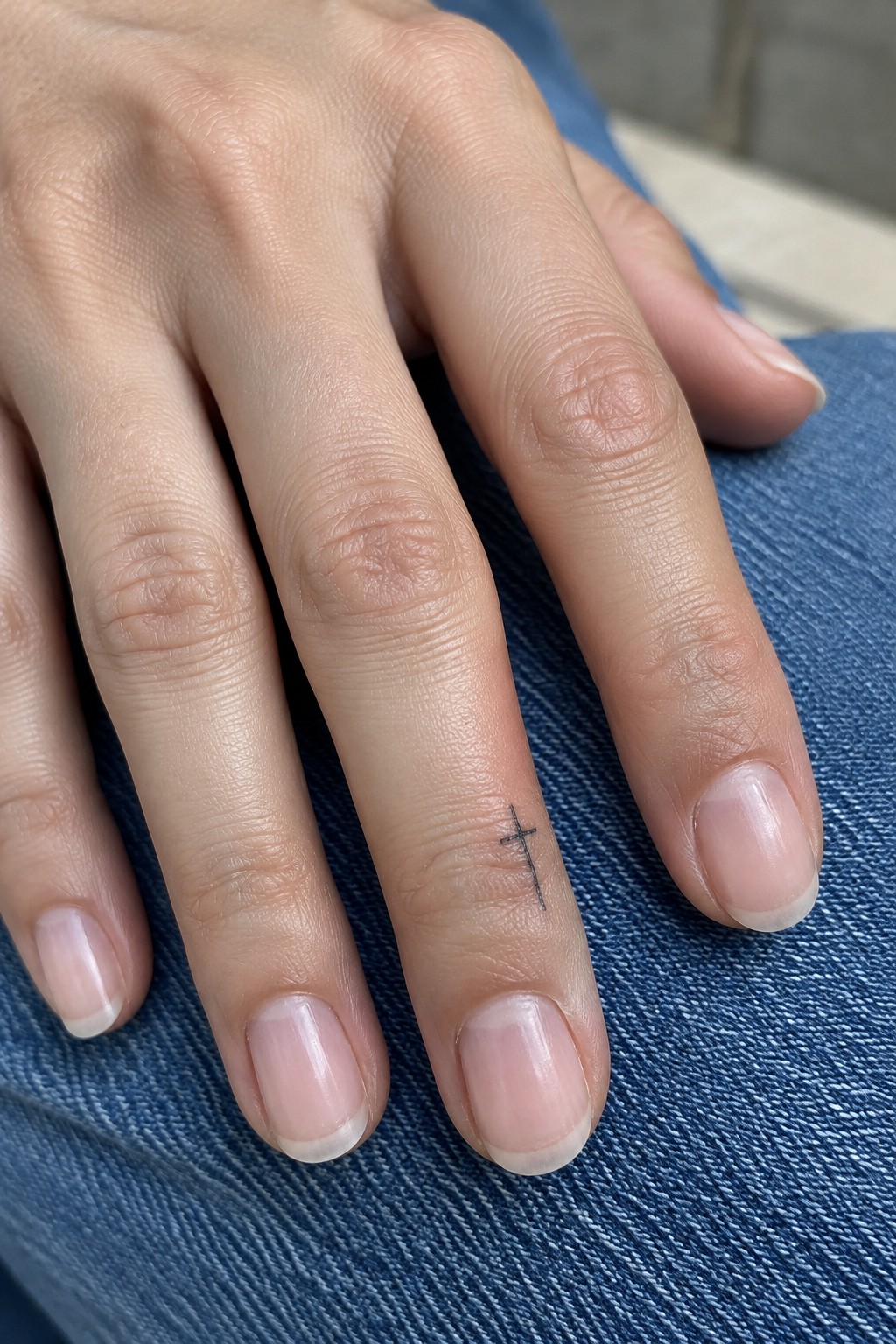 Hand with French manicure and small cross tattoo resting on blue denim jeans