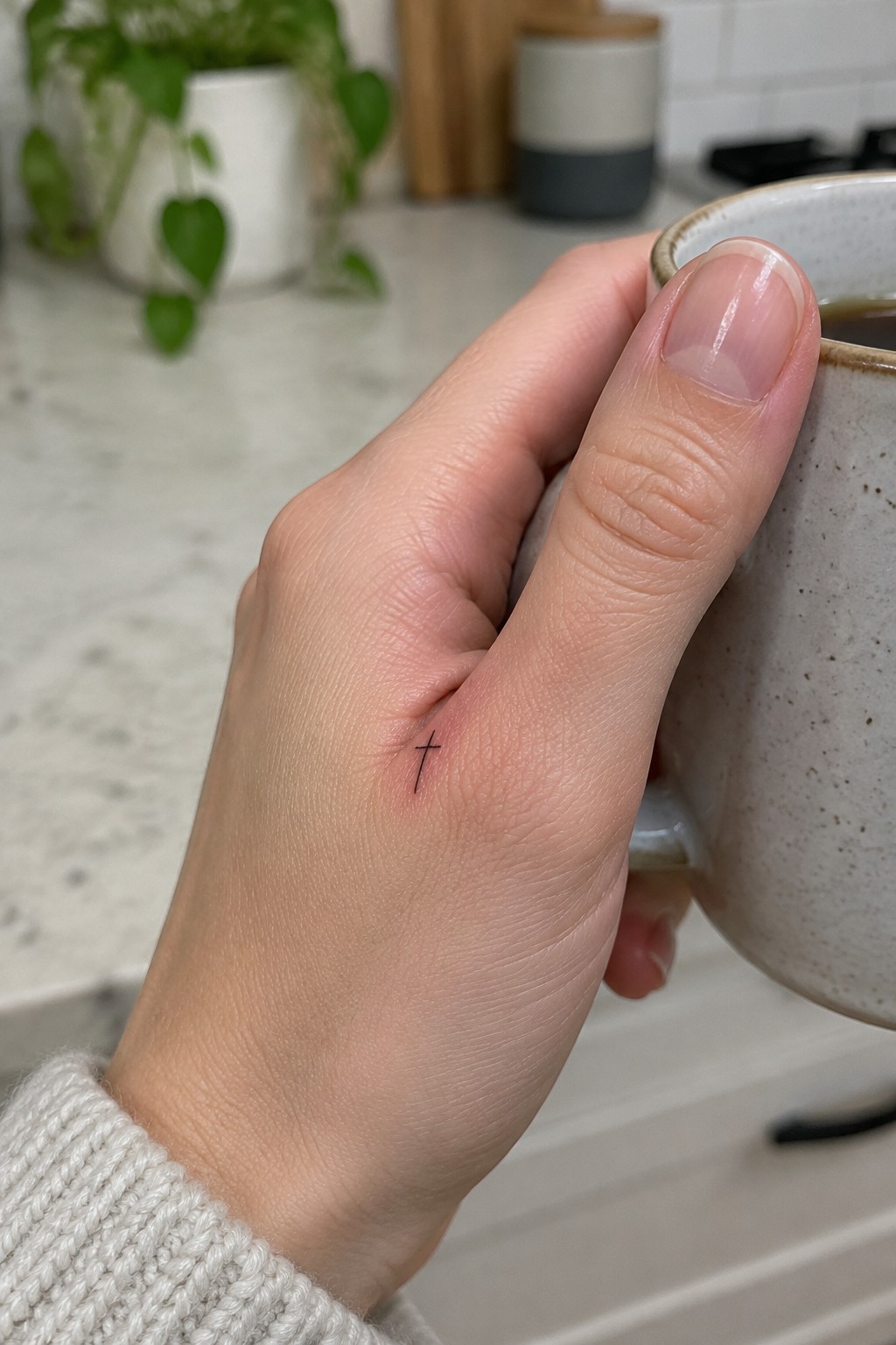 Hand with small cross tattoo holding speckled ceramic mug in kitchen