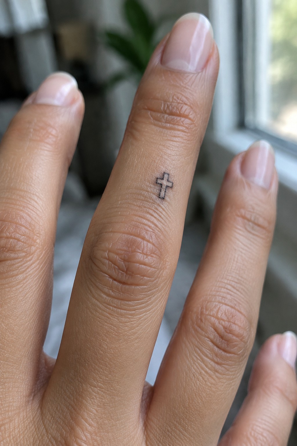 Hand with small cross tattoo on middle finger and manicured pink nails.
