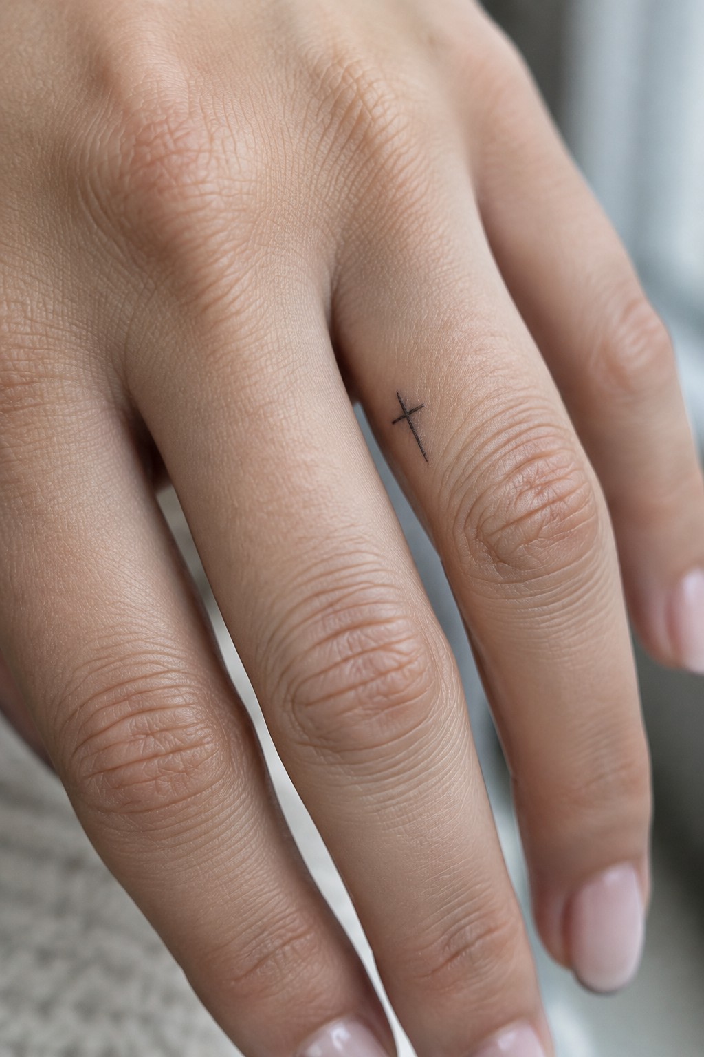 Small black cross tattoo on the side of a finger