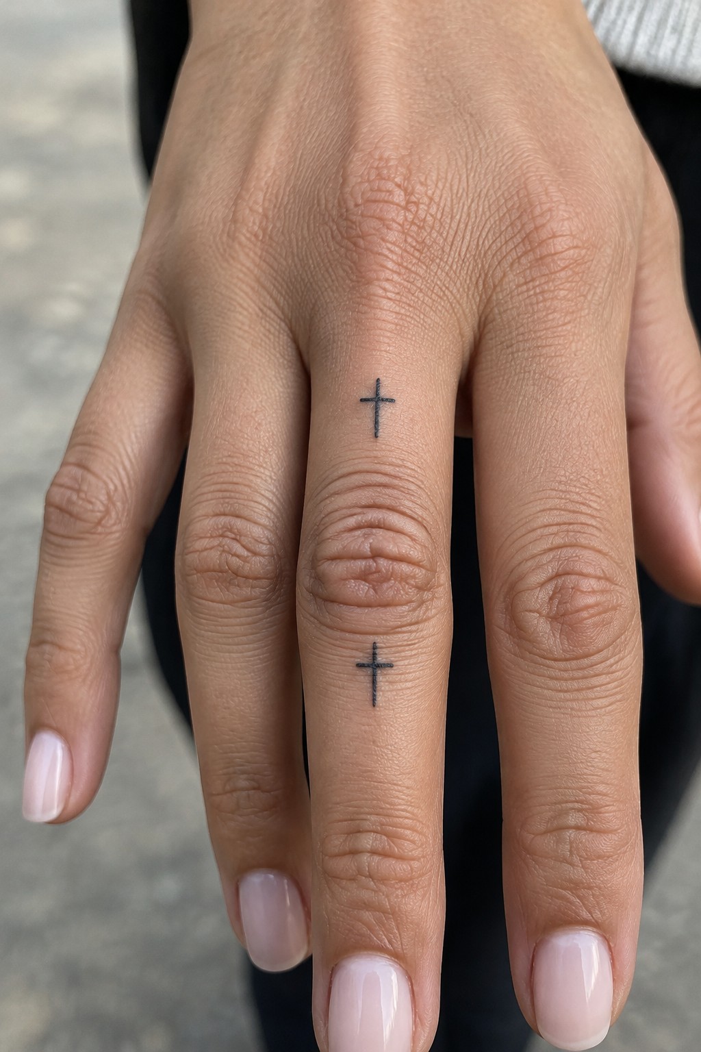 Hand with two small black cross tattoos on fingers and light pink manicured nails