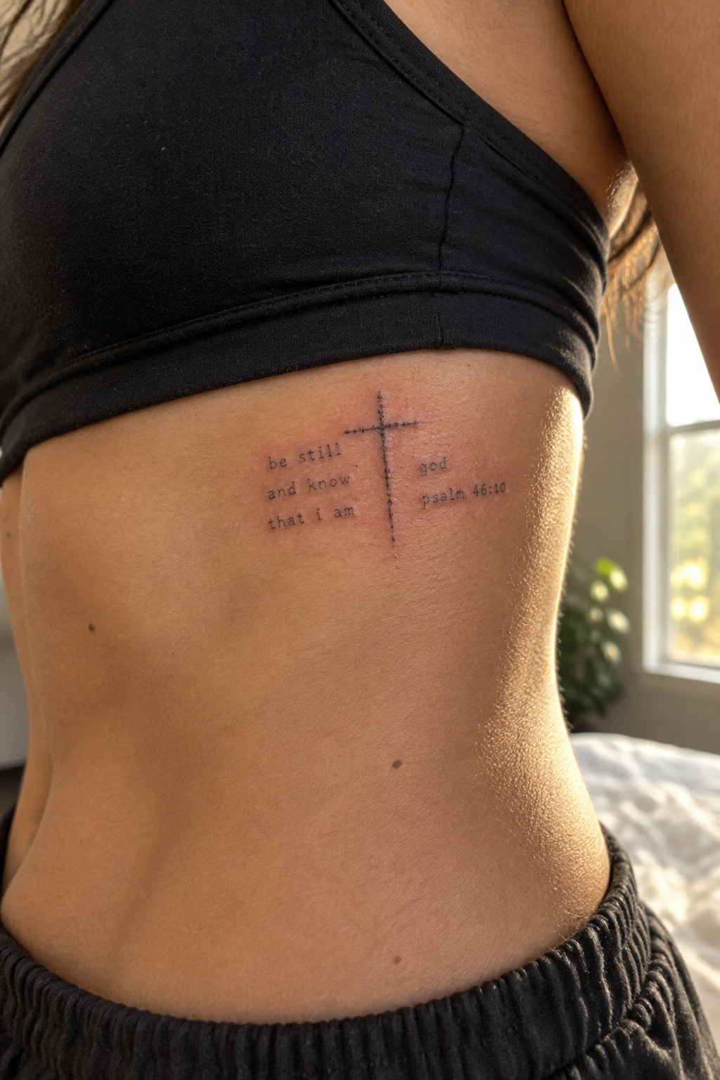 Small dotted cross tattoo on the ribcage with the bible verse be still and know that i am arranged beside it and psalm 46:10 included on the right side.