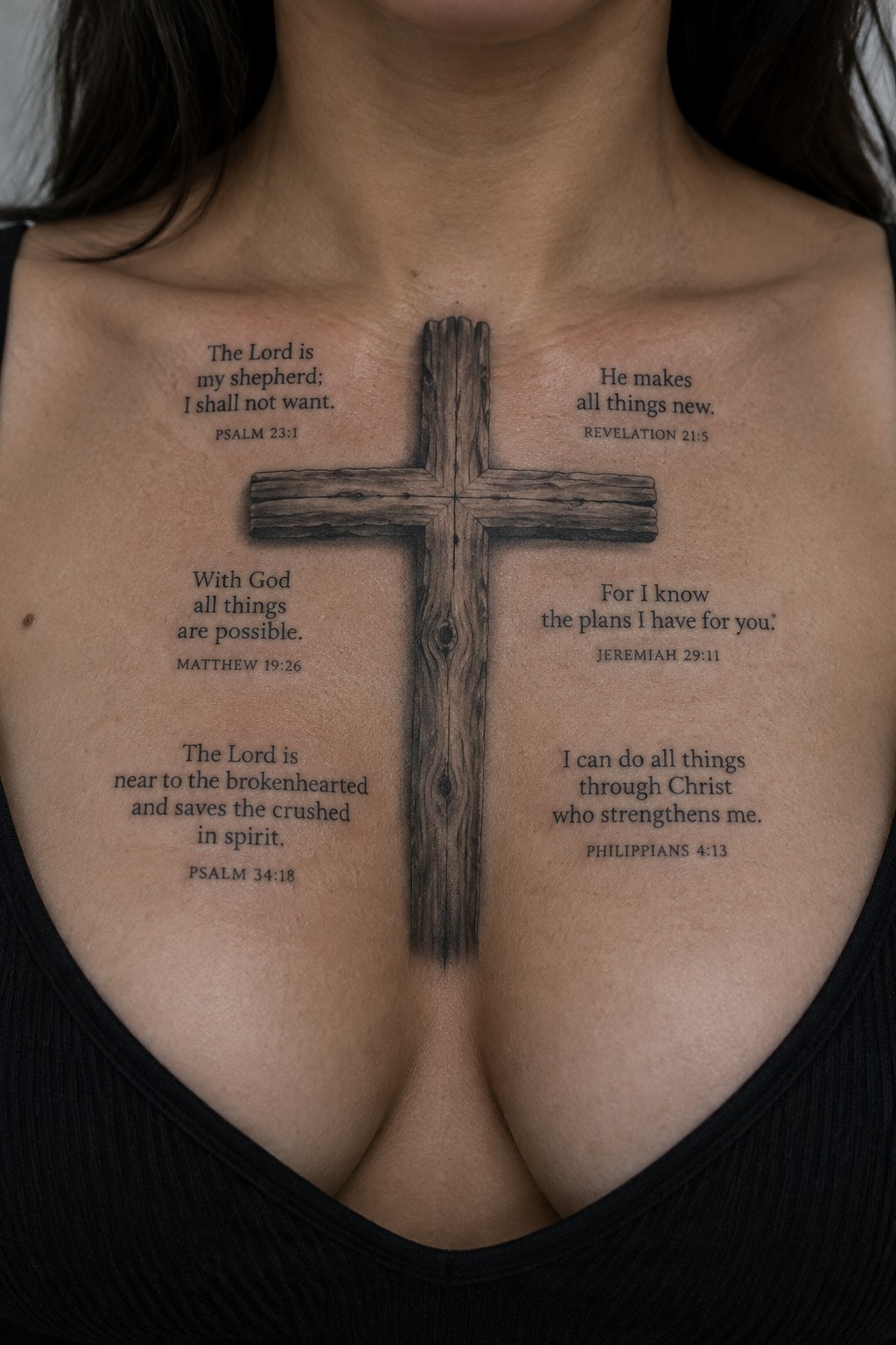 Realistic black and grey wooden cross tattoo on the chest with four Bible verses arranged around it