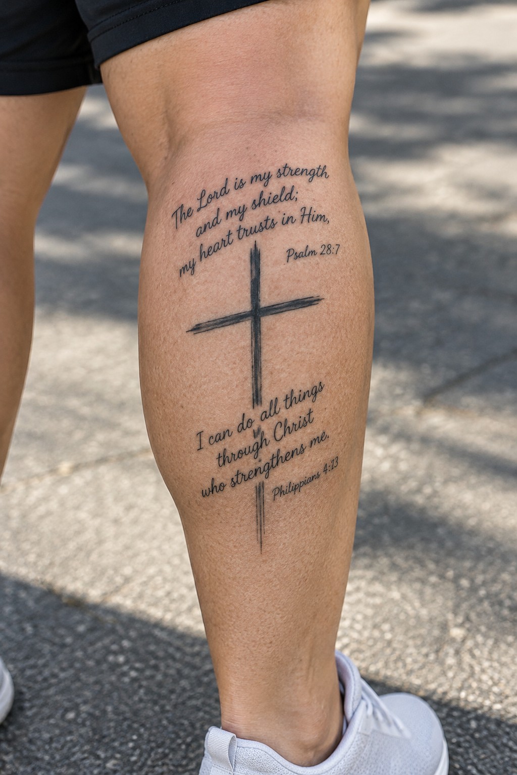 Leg with central cross tattoo, Psalm 28:7 above and Philippians 4:13 below, black shorts, white sneaker.