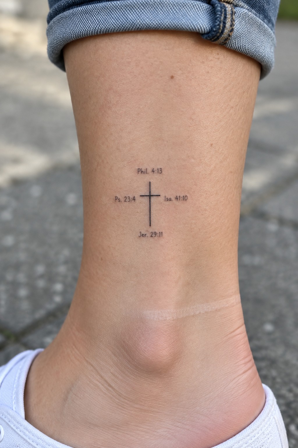 Ankle with black cross tattoo and Bible references under rolled blue jeans and white shoe.