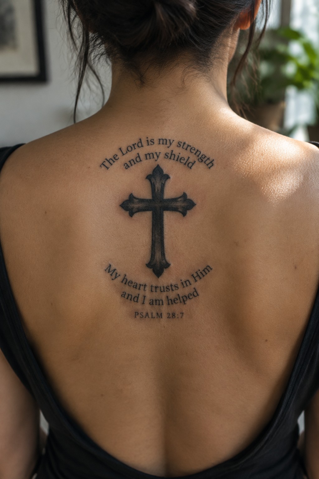 Woman's upper back with ornate black cross tattoo and Psalm 28:7 text