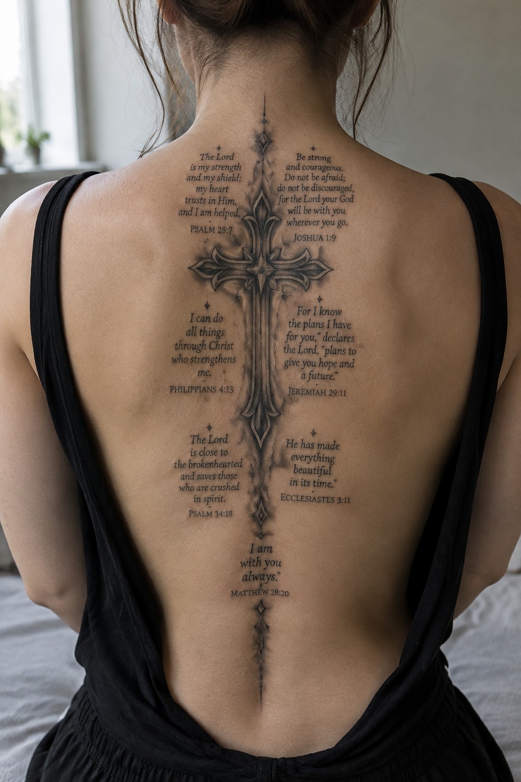 Woman's back in black tank top with large ornate cross tattoo and Bible verses