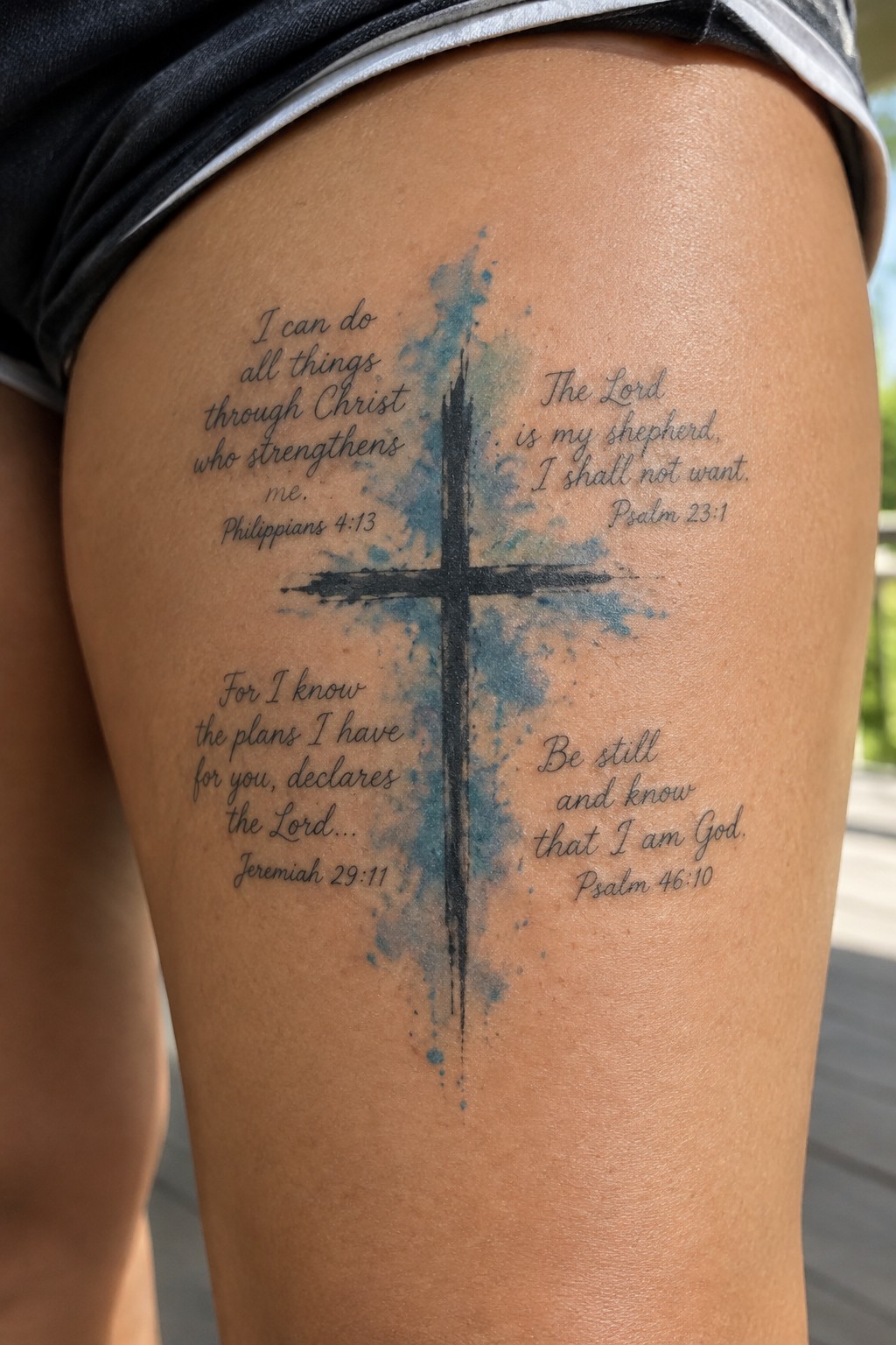 Thigh in black shorts with black cross tattoo, blue splashes, and four Bible verses