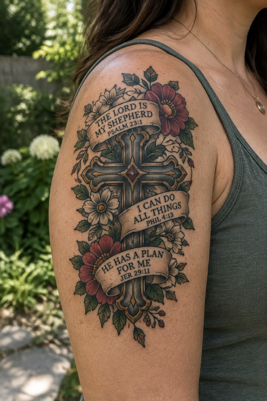 Ornate cross tattoo with red flowers and Bible verse banners on woman's shoulder