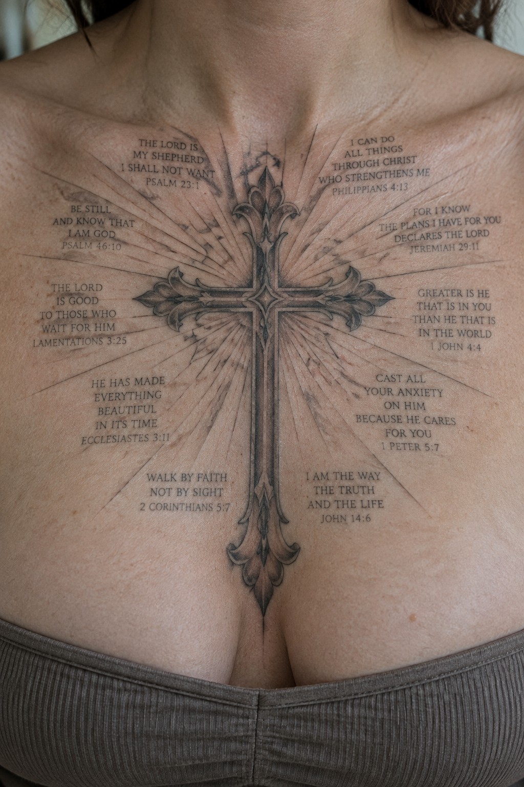 Large ornate cross tattoo with radiating Bible verses on upper chest above gray top