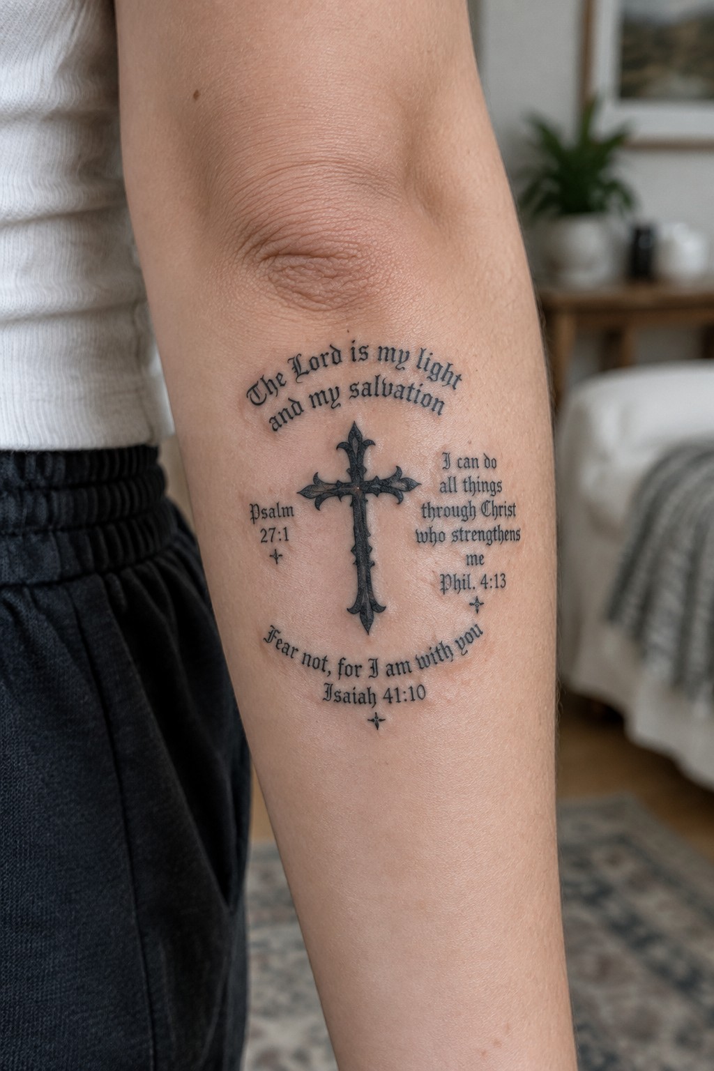 Upper arm with ornate black cross tattoo and three curved Bible verse inscriptions.