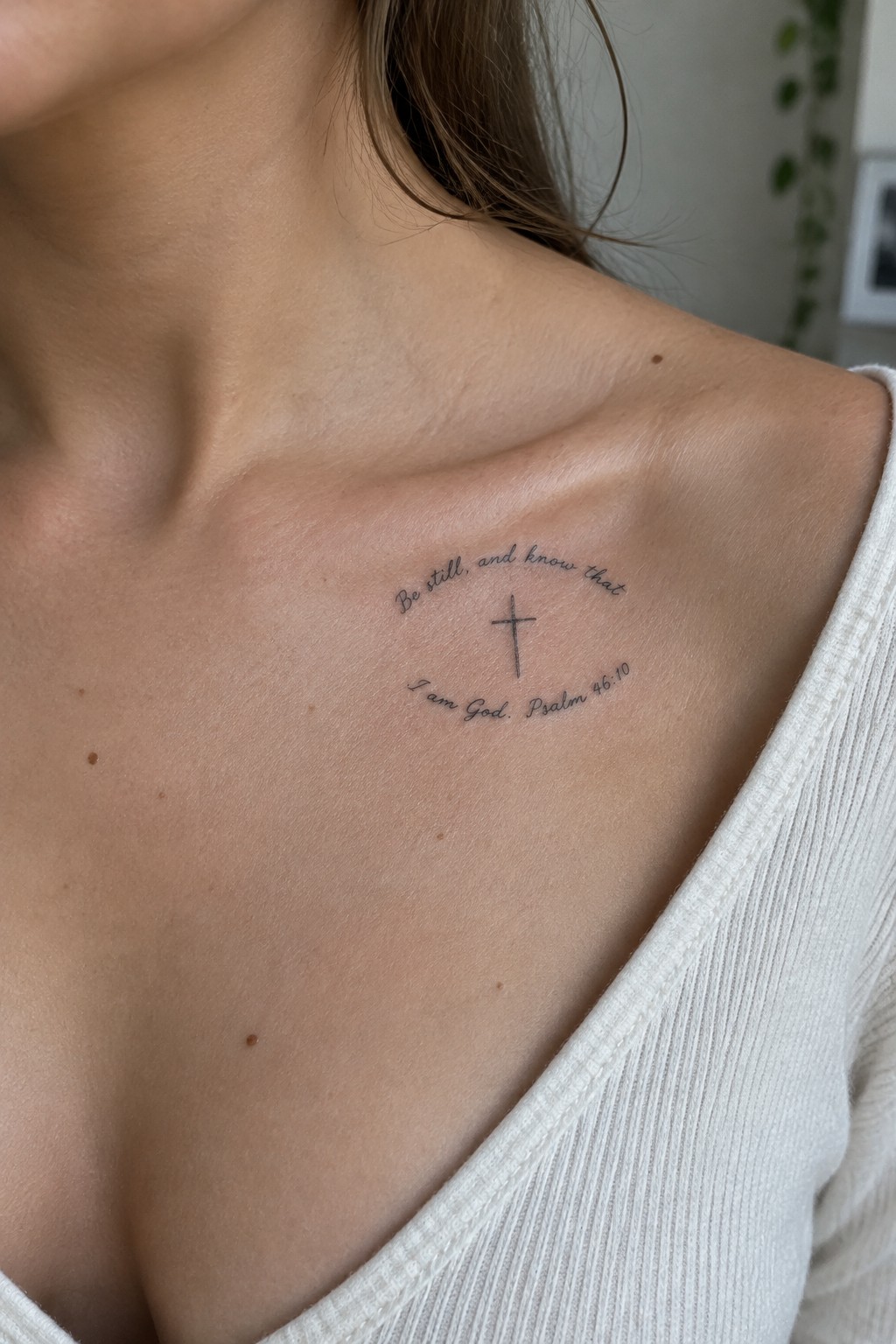 Small cross tattoo with the verse Be still and know that I am God Psalm 46:10 curved around it on the upper chest in fine line style