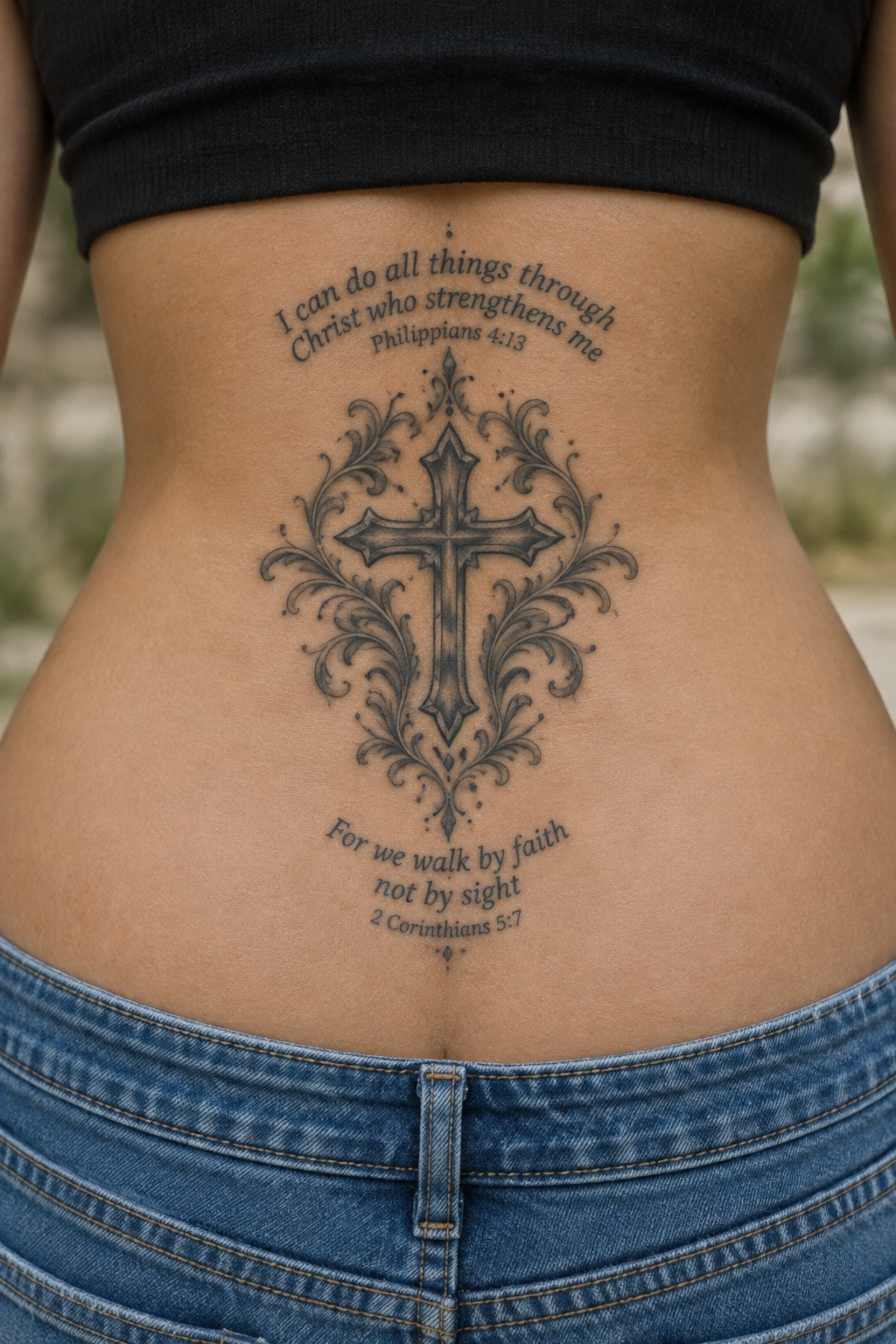Lower back tattoo of a central cross with ornate swirls around it and two bible verses positioned above and below.