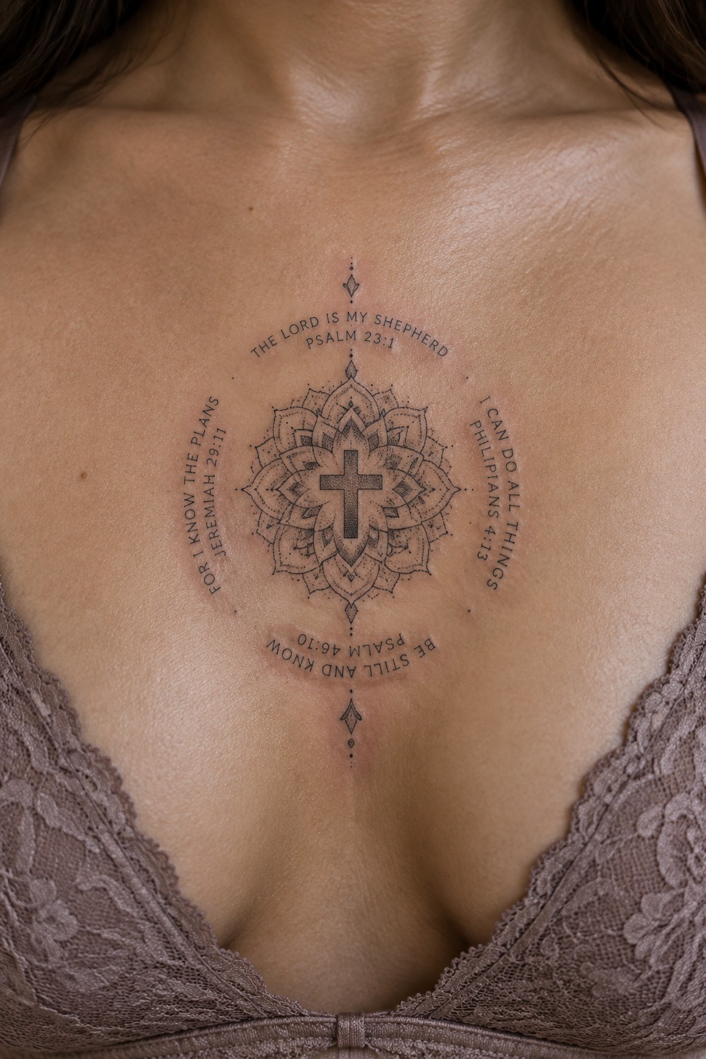 Mandala cross tattoo with Bible verses on chest above mauve lace bra