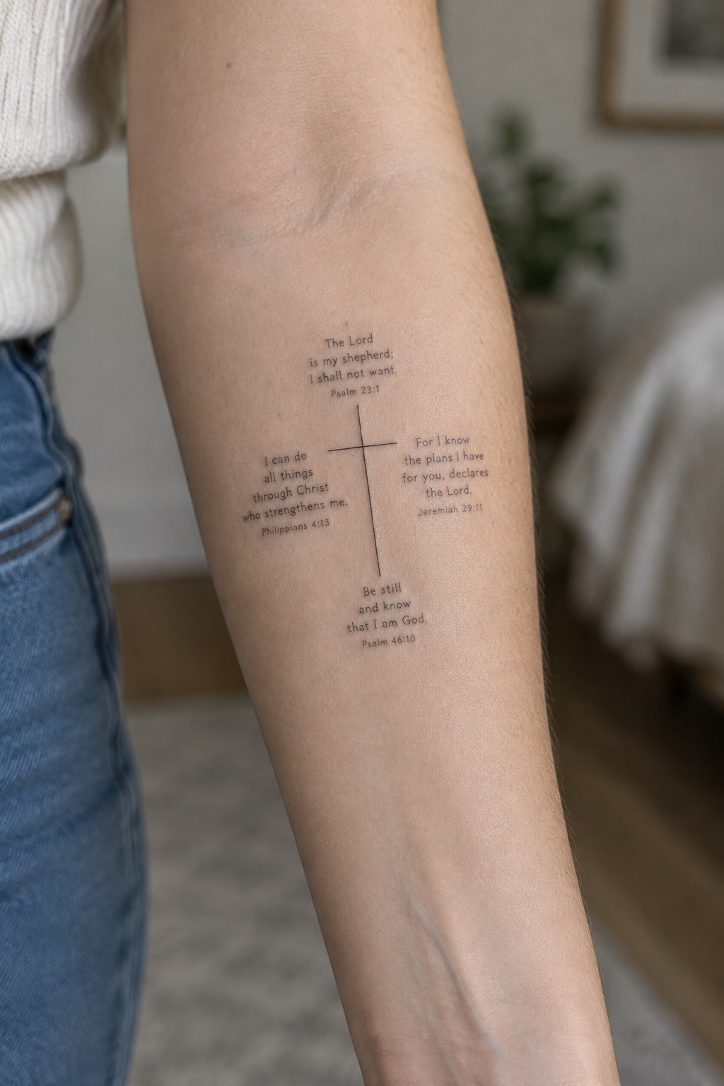 Minimalist line cross tattoo on inner forearm with four bible verses placed around the cross including Psalm 23:1 at top, Philippians 4:13 on left, Jeremiah 29:11 on right, and Psalm 46:10 at bottom
